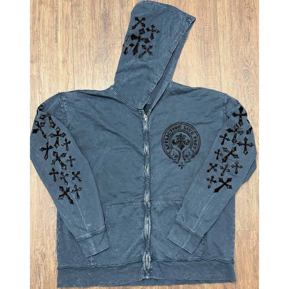 Affliction Live Fast Hoodie Mens XL Gray Full Zip Skull Cross Gothic Y2K